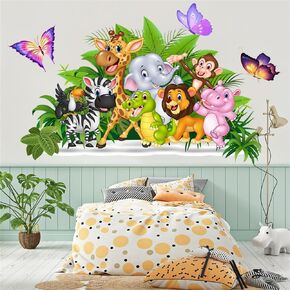 Fanwaoo Jungle Safari Animal Wall Decals Forest Animal Wall Stickers Elephant Zebra Lion Giraffe Butterfly Wall Decor for Kids Room Baby Nursery Playroom Living Room
