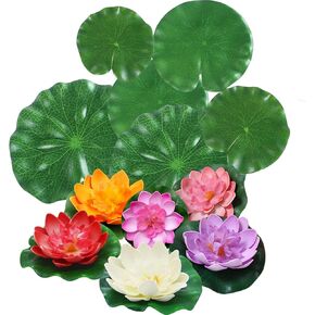 12pcs Artificial Floating Foam Lotus Flower with Fake Lily Pads, Lifelike Ornament Perfect for Home Garden Pond Decor, Indian Diwali Decorations Return Gifts