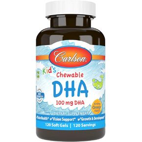 Carlson - Kid's Chewable DHA, 100 mg DHA, Brain Health, Vision Function, Growth & Development, Orange, 180 Chewable Softgels