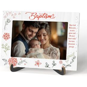 Baptism Photo Frame - Baby Baptism Wooden Desktop Picture Frame with Stand - Newborn Baby Girl Religious Gift - Christening Gifts from Grandparents Friends -A30