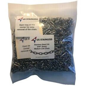 US STAINLESS Stainless Steel 316 Chain 5/64" (2mm) Medium Link Chain 50' in Poly Bag