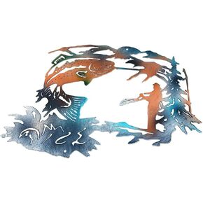 Alnicov Trout Fishing Scene Metal Wall Art,Animal Shape Wall Decal Vivid Decoration for Living Room,Bedroom,Bathroom Indoor Outdoor