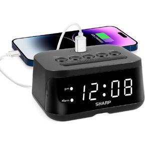 SHARP Digital Alarm Clock with USB Charge Port & Red LED Display