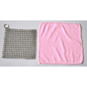 BroilPro Cast Iron Cleaner XL 7x7 Premium Stainless Steel Chainmail Scrubber with Clean Cloth