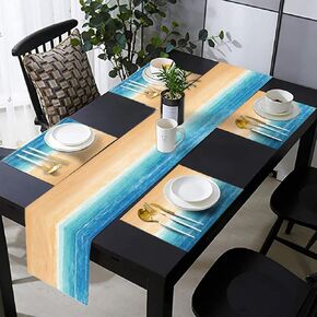 Summer Tropical Table Runner and Place Mats Set of 6 Turquoise Blue Wooden Linen Dining Mat Sets Washable Starfish Shell Tabletop for Home Table Decorations 70 Inches Long