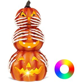 Halloween Pumpkin Decorations, 9.5 Inch Jack O Lantern, See Hear Speak No Evil Resin Light Up Pumpkin Sculpture Pumpkin Lantern Stackable Pumpkins with Colorful LED Lights for Indoor Outdoor