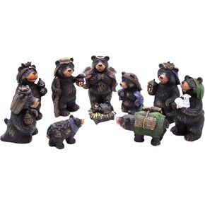 Wowser Black Bear Nativity Scene Figurine Set: 10-Piece Rustic Tabletop Seasonal Decor, 7 Inches High