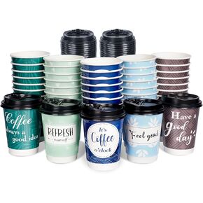 Disposable Coffee Cups with Lids 12 oz, 50 Pack Double-Walled Paper Coffee Cups with Fun Designs, Insulated Hot Beverage Paper Cups for Cold & Hot Drinks