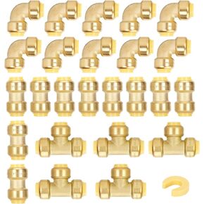 1/2 Inch Plumbing Fitings,Push Pex Fitings,With Coupling Fitting(10 PCS),90 Degree Elbow Fitting(10 PCS),Tee Fitting(5 PCS),Disconnect Clip(1 PCS),Suitable for Copper Pipes,CPVC,PEX Pipes