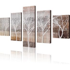 Aitesi Art Autumn Painting On Canvas White Tree Silhouette On Wooden Background Wall Art 5 Piece Large Landscape Falling Leaves Fall Artwork Framed Ready to Hang for Home Decoration 32x60inch
