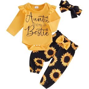 Newborn Infant Baby Girls Clothes Set Auntie Saying Letter Rompers Floral Daisy Pants Headband