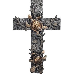 Top Brass Large Sea Turtle Seashell Coral Wall Cross - Nautical Ocean Beach Decor Art Sculpture