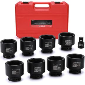 CASOMAN 9PCS 3/4" Drive Spindle Axle Nut Impact Socket Set, Include 1/2" to 3/4" Adapter, 6 Point, CR-MO, 2-1/16" to 2-1/2", Large Socket Set, Heavy Duty Use In Removing And Installing Axle Nuts