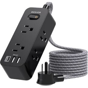 10 FT Black Extension Cord, Surge Protector Power Strip with 6 Outlets 3 USB Ports(1 USB C), 3-Side Outlet Extender, Flat Plug, Wall Mount for Home, Office, Travel, and Dorm Essential