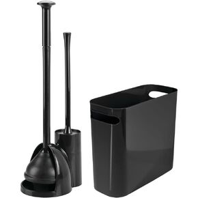 mDesign Compact Freestanding 2-in-1 Plastic Toilet Bowl Brush/Plunger/Trash Wastebasket Garbage Can Combo, Home Bathroom Storage, Sturdy Cleaning Accessories, Aura Collection, Set of 2, Black