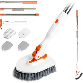 3 in 1 Bath and Shower Cleaning Brush,Tile Scrubber,Bathtub Brush with Long Handle for Cleaning Bathroom Kitchen Toilet Wall Glass(Orange)