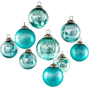 Serene Spaces Living Set of 9 Assorted Teal Glass Ball Ornaments for Christmas Tree, Holiday Decorations, Winter Wedding, Table Centerpiece, Window Box, Measures 3" Diameter