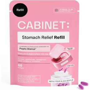 Cabinet: Stomach Relief Bismuth Subsalicylate 262mg, 60 Count w/Glass Jar | Anti-Diarrheal Relief for Upset Stomach, and Indigestion (Starter Kit)