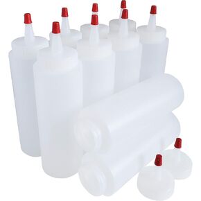 8oz HDPE Plastic Squeeze Bottles with Wide Mouth Opening, Red Tip Yorker Caps with 0.030 Orifice for Condiments and Any Thick Liquids Products, Refillable Empty Bottles (Pack of 10)