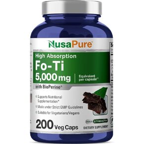 NusaPure Fo-Ti 5000mg per Veggie Caps, 200 Count, He-Shou-Wu Root, Traditional Herb, Non-GMO, Vegan, Bioperine