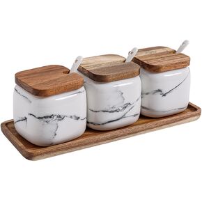 Ceramic Salt and Sugar Container Set with Wooden Tray, 3pcs Porcelain Seasoning Jars with Lids and Spoons, Condiment Pot Pepper Spice Storage Canister for Home Kitchen Counter