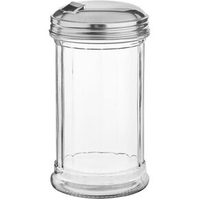 12-oz Retro Style Sugar Dispenser, Glass Jar, Stainless Steel, Pour-Flap Lid.