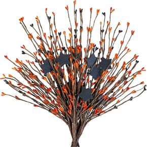 Winlyn 6 Pcs Artificial Berry Picks with Rusty Metal Stars Orange and Cream Primitive Pip Berry Sprays Fall Floral Stems 17" for Autumn Country Wedding Thanksgiving Wreath Basket Floral Arrangement