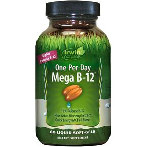 Irwin Naturals One-Per-Day Mega B-12 1,500mcg High Potency Methylcobalamin Vitamin - Fast Enhanced Absorption with MCT + Asian Ginseng - Natural Energy Boost - 60 Liquid Softgels