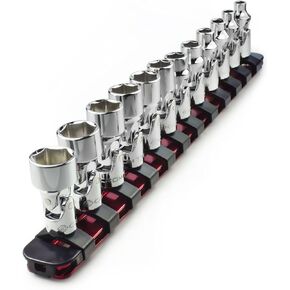 CROM Universal Flex Socket Set - 1/4 Inch Drive 6-Point 12-Piece Swivel Socket Set from 5mm to 15mm Metric - Swivel Joint for Easier Access to Tight Spaces - Aluminum Storage Rail Included