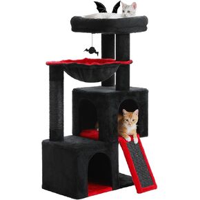 PAWZ Road 34 بوصة برج قطة متعدد المستويات على شكل شجرة قط مع شقق مزدوجة، جثم واسع، عمود سيزال ملفوف بالكامل وكرات متدلية قابلة للاستبدال، رمادي