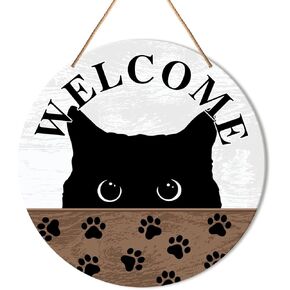 Black Cat Welcome Sign Front Door Decor, Welcome Round Wood Hanging Sign Decor Farmhouse Wall Sign Decorations for Door, Porch, Home, Housewarming Gift for New House Cat Lover Cat Mom Dad Owner