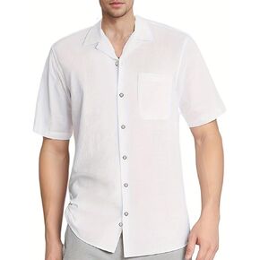 قمصان رجالي كتان كاجوال بأزرار سفلية من القطن، قميص رجالي خفيف الوزن لقضاء العطلات على الشاطئ، ملابس صيفية مع جيب، تي شيرت هاواي in Kuwait