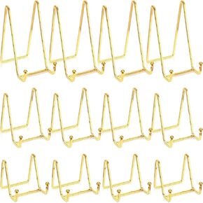 Kenning 12 Pieces Gold Plate Holder Display Stand 3 Inch Metal Book Display Stand Tabletop Picture Frame Stand Photo Easel Iron Square Decorative Plate Holder for Kitchen Office Room Tabletop