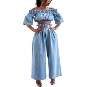 THLAI Summer Women 2 Piece Outfits Off Shoulder Ruffle Crop Top and Wide Leg Pants Lounge Sets Sexy Denim Tracksuits