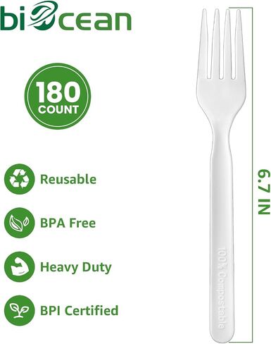 100% Compostable Forks 180 Count Disposable Forks Utensils Set Heavy Duty Fork Silverware Eco Friendly Flatware for Party Camping Picnics Wedding-Ivory White in Saudi Arabia