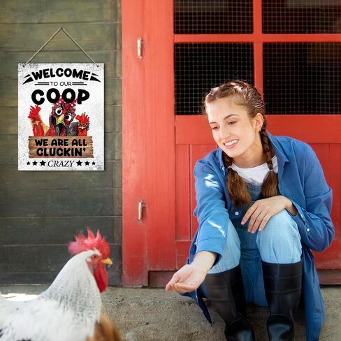 ديكور حظيرة مضحكة معلقة لافتة خشبية لتزيين الحائط مرحبًا بكم في حظيرتنا، نحن جميعًا Cluckin Crazy Country ريفي مزرعة حديقة المرآب ديكور الحائط 10 بوصة × 8 بوصة (J708) in Kuwait