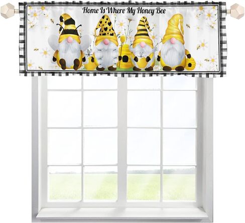Retro Gnomes Bees Daisy Kitchen Valances 54''x18'' Gnomes Sweet Honey Buffalo Plaids Short Curtain Toppers Window Treatment Drapes for Bathroom Bedroom Living Room Farmhouse Cafe 1 Pack in Saudi Arabia