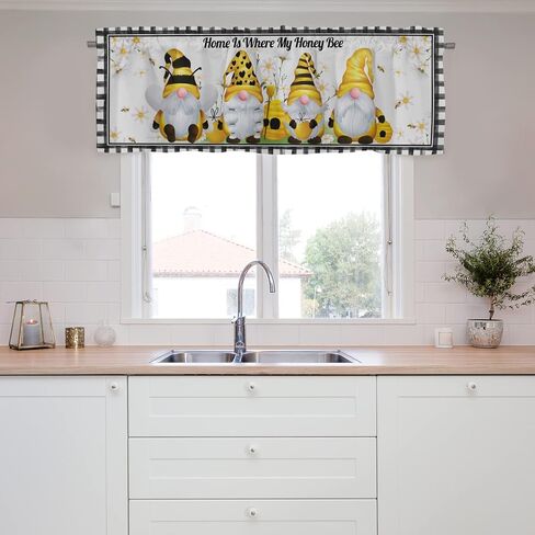 Retro Gnomes Bees Daisy Kitchen Valances 54''x18'' Gnomes Sweet Honey Buffalo Plaids Short Curtain Toppers Window Treatment Drapes for Bathroom Bedroom Living Room Farmhouse Cafe 1 Pack in Saudi Arabia