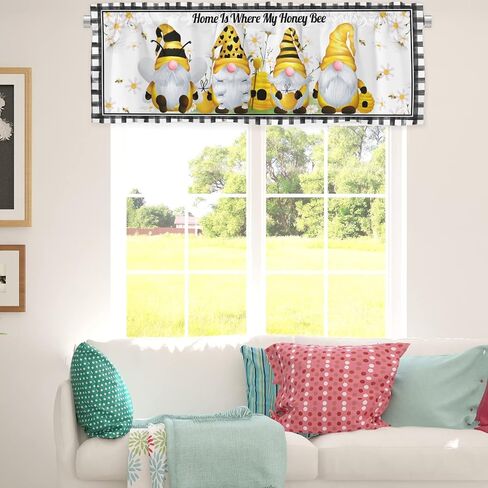 Retro Gnomes Bees Daisy Kitchen Valances 54''x18'' Gnomes Sweet Honey Buffalo Plaids Short Curtain Toppers Window Treatment Drapes for Bathroom Bedroom Living Room Farmhouse Cafe 1 Pack in Saudi Arabia
