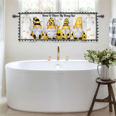 Retro Gnomes Bees Daisy Kitchen Valances 54''x18'' Gnomes Sweet Honey Buffalo Plaids Short Curtain Toppers Window Treatment Drapes for Bathroom Bedroom Living Room Farmhouse Cafe 1 Pack in Saudi Arabia