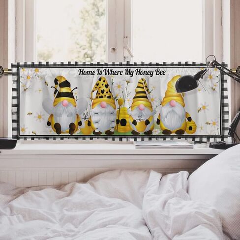 Retro Gnomes Bees Daisy Kitchen Valances 54''x18'' Gnomes Sweet Honey Buffalo Plaids Short Curtain Toppers Window Treatment Drapes for Bathroom Bedroom Living Room Farmhouse Cafe 1 Pack in Saudi Arabia
