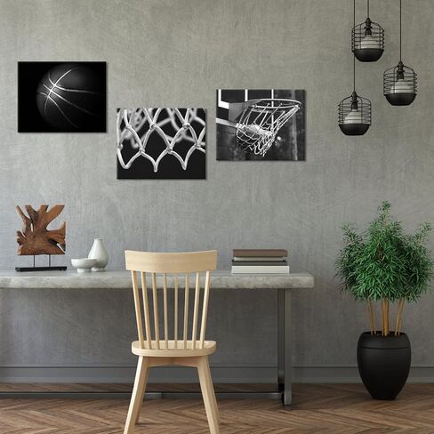 OuElegent 3 Panels Black and White Basketball Canvas Wall Art Basketball Hoop Basketball Nets Posters Sport Art Prints Modern Home Decor Framed for Men Boys Room Ready to Hang 12"x16"x3 Pcs (small) in Saudi Arabia