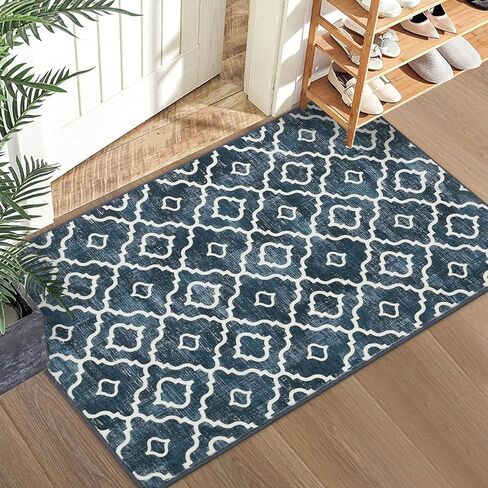 Moroccan Area Rug 2x3 Modern Rug Washable Moroccan Throw Rug Small Bedroom Rugs Non Skid Bath Mat Indoor Low-Pile Front Door Rug, Bohemian Trellis Kitchen Sink Rug Doormats,Blue in Saudi Arabia