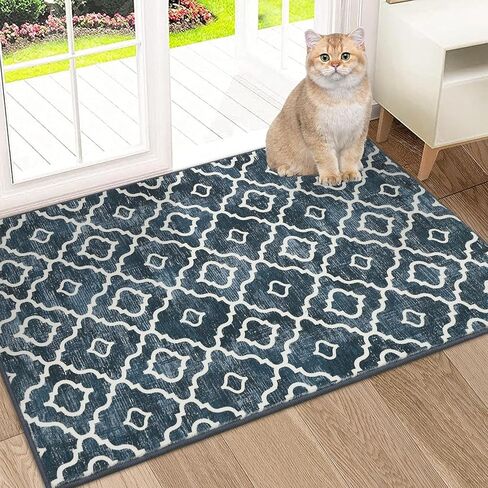 Moroccan Area Rug 2x3 Modern Rug Washable Moroccan Throw Rug Small Bedroom Rugs Non Skid Bath Mat Indoor Low-Pile Front Door Rug, Bohemian Trellis Kitchen Sink Rug Doormats,Blue in Saudi Arabia