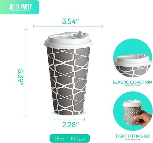 JOLLY PARTY Disposable Coffee Cups with Lids -16 oz (100 Sets) To Go Coffee Cups, Paper Coffee Cups for Beverages Espresso Tea, Suitable for Cafes, Offices and Home in Saudi Arabia