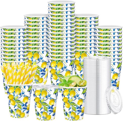 Tessco 150 Pieces/50 Sets Lemonade Cups with Lids and Paper Straws 16oz Disposable Iced Coffee Paper Cup Summer Citrus Cold Cups for Lemonade Stand Supplies Fruit Party Beverages Drinks Juices in Saudi Arabia