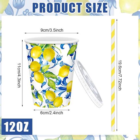 Tessco 150 Pieces/50 Sets Lemonade Cups with Lids and Paper Straws 16oz Disposable Iced Coffee Paper Cup Summer Citrus Cold Cups for Lemonade Stand Supplies Fruit Party Beverages Drinks Juices in Saudi Arabia