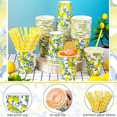Tessco 150 Pieces/50 Sets Lemonade Cups with Lids and Paper Straws 16oz Disposable Iced Coffee Paper Cup Summer Citrus Cold Cups for Lemonade Stand Supplies Fruit Party Beverages Drinks Juices in Saudi Arabia