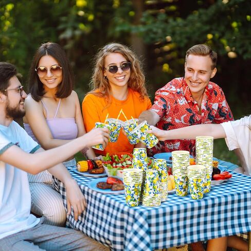 Tessco 150 Pieces/50 Sets Lemonade Cups with Lids and Paper Straws 16oz Disposable Iced Coffee Paper Cup Summer Citrus Cold Cups for Lemonade Stand Supplies Fruit Party Beverages Drinks Juices in Saudi Arabia
