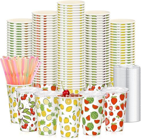 Tessco 150 Pieces/50 Sets Lemonade Cups with Lids and Paper Straws 16oz Disposable Iced Coffee Paper Cup Summer Citrus Cold Cups for Lemonade Stand Supplies Fruit Party Beverages Drinks Juices in Saudi Arabia
